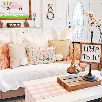 Easter Pillow Cover 12x20 inch Farmhouse Easter Decor for Home Easter Colorful Bunny Rabbit Pillows Decorative Throw Pillows Easter Decorations A531-12
