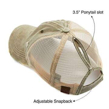 C.C Hatsandscarf Exclusives Washed Distressed Cotton Denim Ponytail Hat Adjustable Baseball Cap (BT-12) Olive