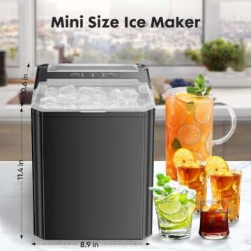 DUMOS Compact Ice Maker for Countertops, Portable Ice Machine with Self-Cleaning Feature, Ready in 6 Minutes with 9 Ice Cubes, 26lbs of Ice in 24 Hours, 2 Sizes of Bullet Ice, Bright Black