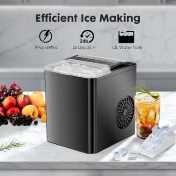 DUMOS Compact Ice Maker for Countertops, Portable Ice Machine with Self-Cleaning Feature, Ready in 6 Minutes with 9 Ice Cubes, 26lbs of Ice in 24 Hours, 2 Sizes of Bullet Ice, Bright Black