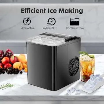 DUMOS Compact Ice Maker for Countertops, Portable Ice Machine with Self-Cleaning Feature, Ready in 6 Minutes with 9 Ice Cubes, 26lbs of Ice in 24 Hours, 2 Sizes of Bullet Ice, Bright Black