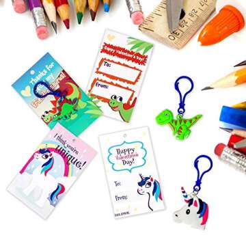 JOYIN 28 Pcs Valentine's Day Gift Cards with Unicorn Dinosaur Keychain for Kids Party Favor, Classro...