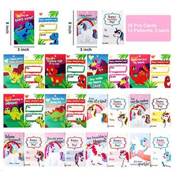 JOYIN 28 Pcs Valentine's Day Gift Cards with Unicorn Dinosaur Keychain for Kids Party Favor, Classroom Exchange Prizes, Valentine’s Greeting Cards, Kid Party Favors, School Exchange Gifts