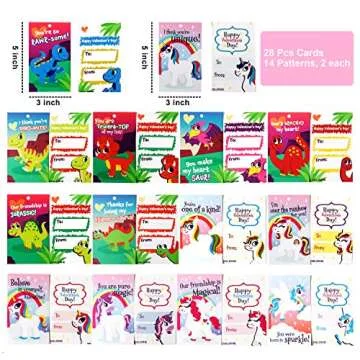JOYIN 28 Pcs Valentine's Day Gift Cards with Unicorn Dinosaur Keychain for Kids Party Favor, Classroom Exchange Prizes, Valentine’s Greeting Cards, Kid Party Favors, School Exchange Gifts
