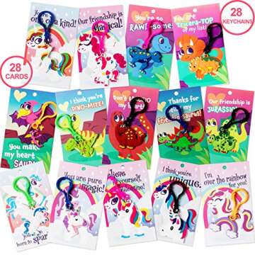 JOYIN 28 Pcs Valentine's Day Gift Cards with Unicorn Dinosaur Keychain for Kids Party Favor, Classroom Exchange Prizes, Valentine’s Greeting Cards, Kid Party Favors, School Exchange Gifts