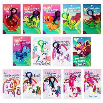 JOYIN 28 Pcs Valentine's Day Gift Cards with Unicorn Dinosaur Keychain for Kids Party Favor, Classroom Exchange Prizes, Valentine’s Greeting Cards, Kid Party Favors, School Exchange Gifts