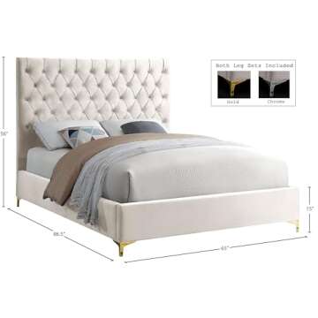 Meridian Furniture Cruz Collection Modern | Contemporary Velvet Upholstered Bed with Deep Button Tufting and Complete Sets of Gold and Chrome Legs Included, Queen, Cream