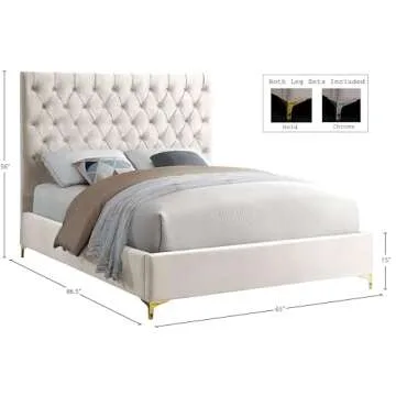 Meridian Furniture Cruz Collection Modern | Contemporary Velvet Upholstered Bed with Deep Button Tufting and Complete Sets of Gold and Chrome Legs Included, Queen, Cream