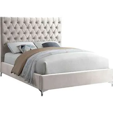 Meridian Furniture Cruz Collection Modern | Contemporary Velvet Upholstered Bed with Deep Button Tufting and Complete Sets of Gold and Chrome Legs Included, Queen, Cream