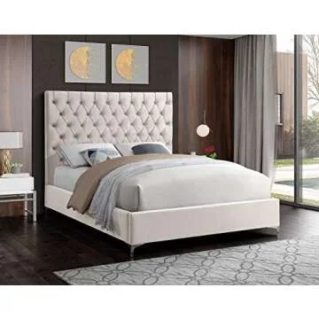 Meridian Furniture Cruz Collection Modern | Contemporary Velvet Upholstered Bed with Deep Button Tufting and Complete Sets of Gold and Chrome Legs Included, Queen, Cream