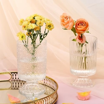 Fixwal Vases for Flowers Set of 3 Vintage Glass Vase for Centerpieces, Embossed Base Vases for Wedding Decoration (H:7" D:4"), Ribbed Glass Containers for Organization for Home Decor