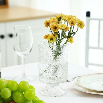 Fixwal Vases for Flowers Set of 3 Vintage Glass Vase for Centerpieces, Embossed Base Vases for Wedding Decoration (H:7" D:4"), Ribbed Glass Containers for Organization for Home Decor