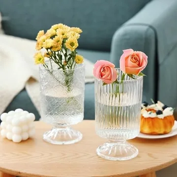 Fixwal Vases for Flowers Set of 3 Vintage Glass Vase for Centerpieces, Embossed Base Vases for Wedding Decoration (H:7" D:4"), Ribbed Glass Containers for Organization for Home Decor