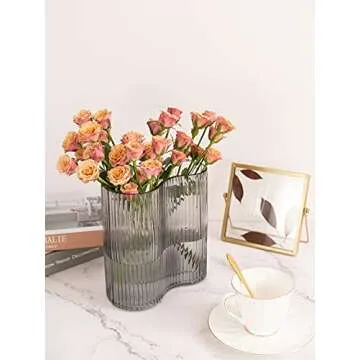 MOLIMAO Glass Vase for Centerpieces,Modern Large Vase for Flowers,Footprint Shape Striped Bottle for Home,Office Restaurant Desk Decor 8.3 Inch(Gray)