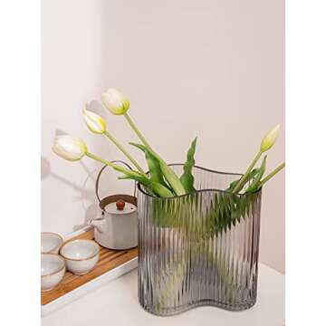 MOLIMAO Glass Vase for Centerpieces,Modern Large Vase for Flowers,Footprint Shape Striped Bottle for Home,Office Restaurant Desk Decor 8.3 Inch(Gray)