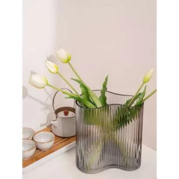 MOLIMAO Glass Vase for Centerpieces,Modern Large Vase for Flowers,Footprint Shape Striped Bottle for Home,Office Restaurant Desk Decor 8.3 Inch(Gray)