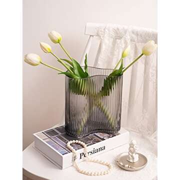 MOLIMAO Glass Vase for Centerpieces,Modern Large Vase for Flowers,Footprint Shape Striped Bottle for Home,Office Restaurant Desk Decor 8.3 Inch(Gray)