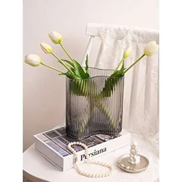 MOLIMAO Glass Vase for Centerpieces,Modern Large Vase for Flowers,Footprint Shape Striped Bottle for Home,Office Restaurant Desk Decor 8.3 Inch(Gray)
