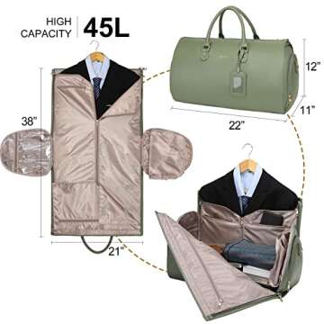Modoker Women Convertible Leather Garment Bag with Shoulder Strap, PU Leather Garment Duffel Bag Carry on 2 in 1 Hanging Suitcase Suit Travel Bags, Green