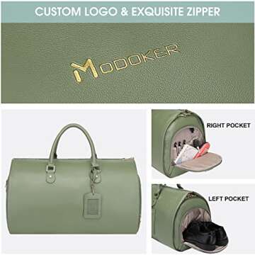 Modoker Women Convertible Leather Garment Bag with Shoulder Strap, PU Leather Garment Duffel Bag Carry on 2 in 1 Hanging Suitcase Suit Travel Bags, Green