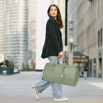 Modoker Women Convertible Leather Garment Bag with Shoulder Strap, PU Leather Garment Duffel Bag Carry on 2 in 1 Hanging Suitcase Suit Travel Bags, Green