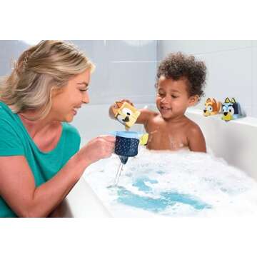 TOMY Toomies Bluey Bath Toys - Bluey's Family Pourers - Water Pouring Bluey Figures Including Chilli, Bandit, Bingo, and Bluey - Nesting and Stacking Cups for Bath Time - Ages 18 Months and Up