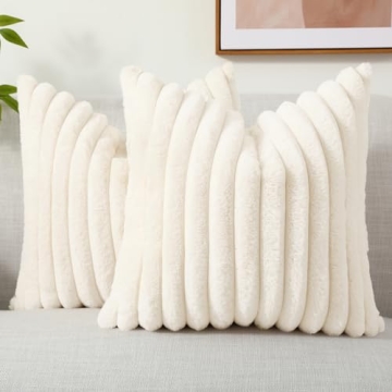 decorUhome Faux Fur Spring Throw Pillow Covers 18x18 Set of 2, Decorative Soft Plush Striped Couch P...