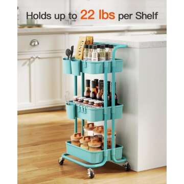 Pipishell 3-Tier Rolling Cart with Wheels, Rolling Storage Cart with 3 Hanging Cups & 4 Hooks, Mobil...
