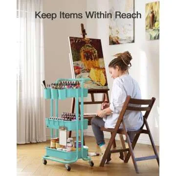 Pipishell 3-Tier Rolling Cart with Wheels, Rolling Storage Cart with 3 Hanging Cups & 4 Hooks, Mobile Utility Cart, Art Cart Organizer, Craft Cart for Office, Kitchen, Craft Room, Turquoise, PIUC06TB