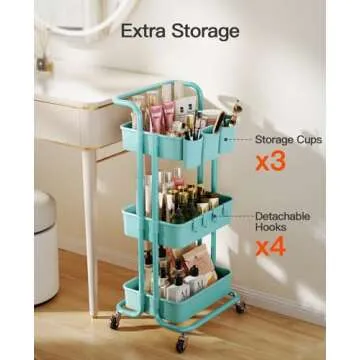 Pipishell 3-Tier Rolling Cart with Wheels, Rolling Storage Cart with 3 Hanging Cups & 4 Hooks, Mobile Utility Cart, Art Cart Organizer, Craft Cart for Office, Kitchen, Craft Room, Turquoise, PIUC06TB
