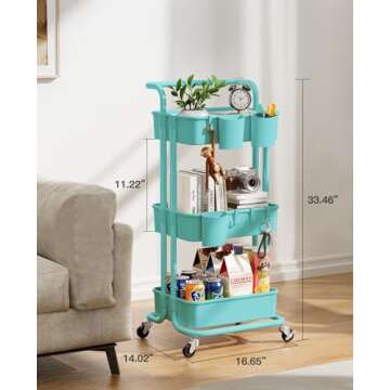Pipishell 3-Tier Rolling Cart with Wheels, Rolling Storage Cart with 3 Hanging Cups & 4 Hooks, Mobile Utility Cart, Art Cart Organizer, Craft Cart for Office, Kitchen, Craft Room, Turquoise, PIUC06TB