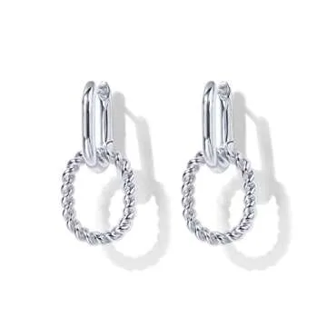 PAVOI Rhodium Plated Convertible Twisted Rope and Plain Paperclip Link Earrings for Women - Braided Drop Dangle Huggie Hoop Earrings