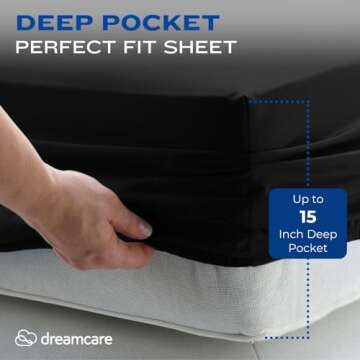 DREAMCARE Twin XL Sheet Set - Cooling Bed Sheets - 4pc Set - up to 15" Deep Pocket - Soft & Long Lasting 100% Fine Brushed Polyester with Side Pocket - Black