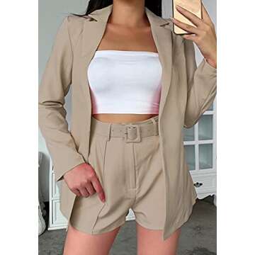 2 Piece Outfits for Women Long Sleeve Solid Open Front Blazer Shorts with Belt Casual Elegant Business Suit Sets Khaki