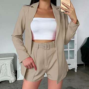 2 Piece Outfits for Women Long Sleeve Solid Open Front Blazer Shorts with Belt Casual Elegant Business Suit Sets Khaki