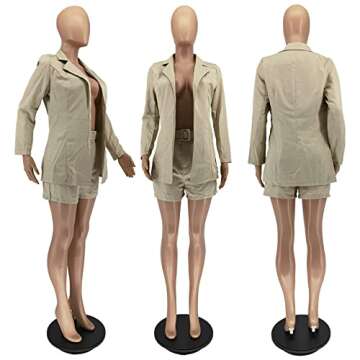 2 Piece Outfits for Women Long Sleeve Solid Open Front Blazer Shorts with Belt Casual Elegant Business Suit Sets Khaki