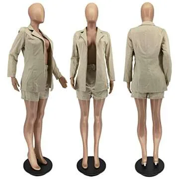 2 Piece Outfits for Women Long Sleeve Solid Open Front Blazer Shorts with Belt Casual Elegant Business Suit Sets Khaki