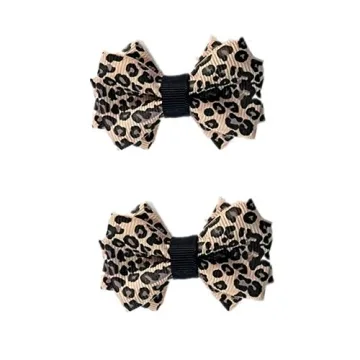 Douqu Leopard Polka Dot Satin Fabric Double Bow Shoe Clips - Stylish 2.8inch Coffee Design