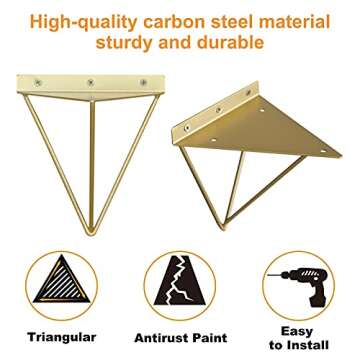 Morobor Hairpin Triangle Shelf Brackets,2pcs Shelf Brackets Metal Hairpin Brackets, Shelves Heavy Duty Support Triangle Decorative Metal Shelf Brackets with Screws (Gold)