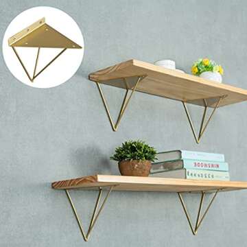 Morobor Hairpin Triangle Shelf Brackets,2pcs Shelf Brackets Metal Hairpin Brackets, Shelves Heavy Duty Support Triangle Decorative Metal Shelf Brackets with Screws (Gold)