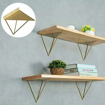 Morobor Hairpin Triangle Shelf Brackets,2pcs Shelf Brackets Metal Hairpin Brackets, Shelves Heavy Duty Support Triangle Decorative Metal Shelf Brackets with Screws (Gold)
