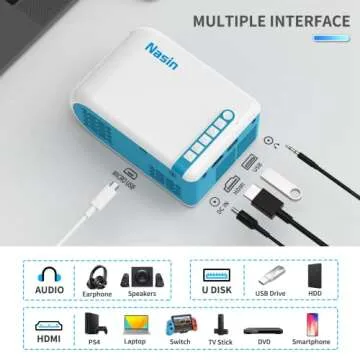 Mini Projector, Nasin Portable Projector 1080P Supported Small Home Theater Movie Projector Compatible with iPhone/Android Phone, Laptop, TV Stick, HDMI, USB