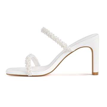 Carcuume Women's Square Toe Two Strap Open Toe Block Heels Sandals Slip On Shoes,FAUNA-White Pearl-8