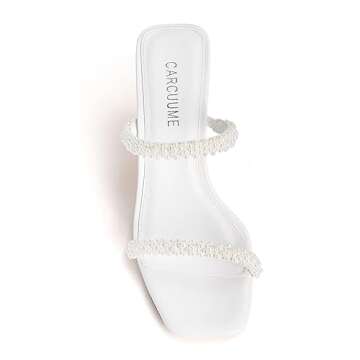 Carcuume Women's Square Toe Two Strap Open Toe Block Heels Sandals Slip On Shoes,FAUNA-White Pearl-8