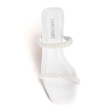 Carcuume Women's Square Toe Two Strap Open Toe Block Heels Sandals Slip On Shoes,FAUNA-White Pearl-8