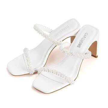 Carcuume Women's Square Toe Two Strap Open Toe Block Heels Sandals Slip On Shoes,FAUNA-White Pearl-8