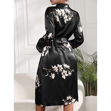 WDIRARA Women's Floral Print Long Sleeve Satin Long Robe Bridesmaid Wedding Party Robe Black M