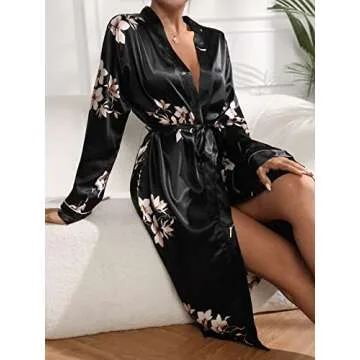WDIRARA Women's Floral Print Long Sleeve Satin Long Robe Bridesmaid Wedding Party Robe Black M