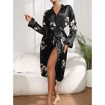 WDIRARA Women's Floral Print Long Sleeve Satin Long Robe Bridesmaid Wedding Party Robe Black M