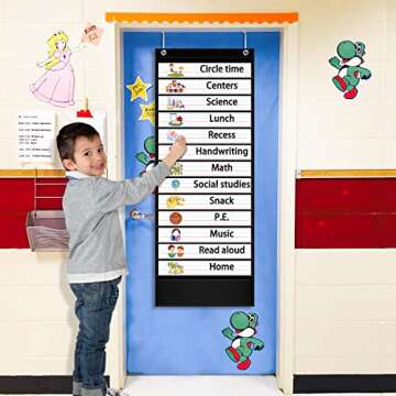 AKAYOK Daily Schedule Pocket Chart, 13+1 Pocket Visual Schedule Chart, 18 Double-Sided Blank Reusable Dry-Eraser Cards, Educational Schedule Charts for Classroom Homeschooling Toddlers-Black